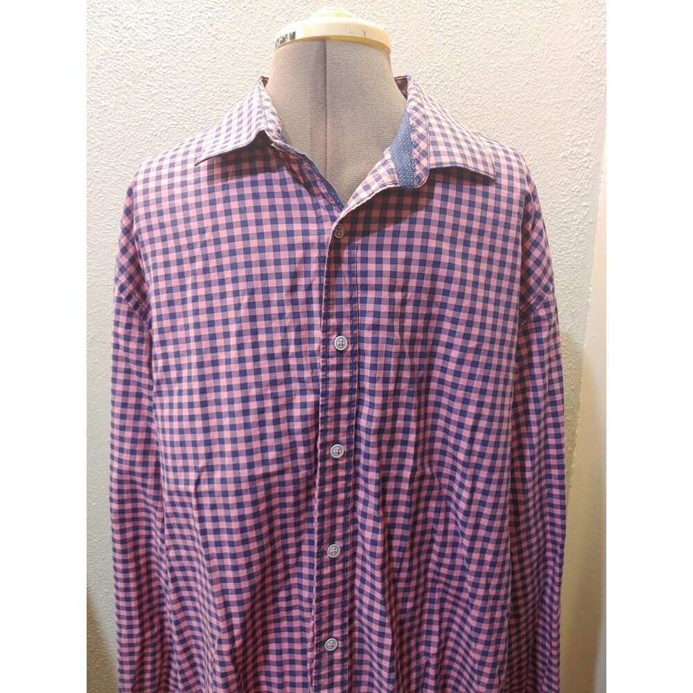 BUGATCHI Men's Pink And Blue Checkered Long Sleeve Dress Shirt See Description